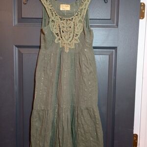 Free People Vintage Bohemian Crochet Beaded Dress Rare Green And Metallic Size 4